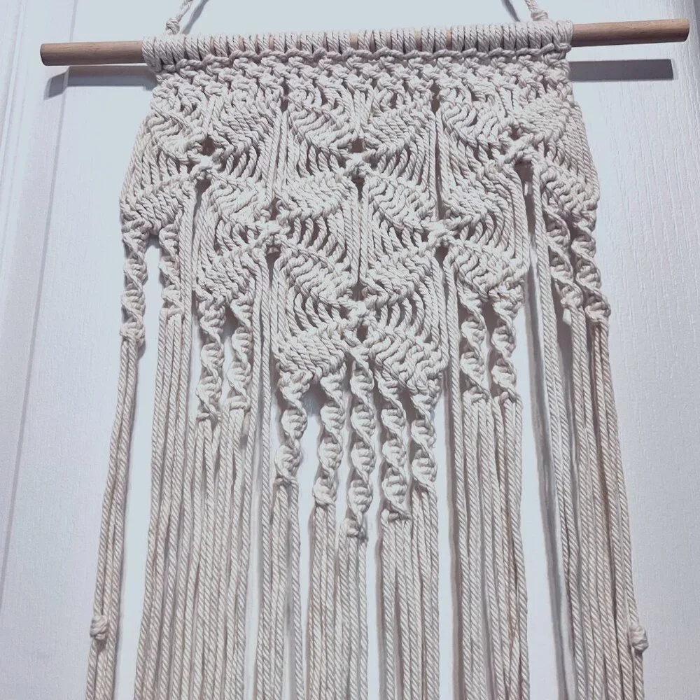 Macrame/Crocheted Wall Hanging-Ivory/Cream-Bohemian-Wood Dowel-Knots-Twist-Flow